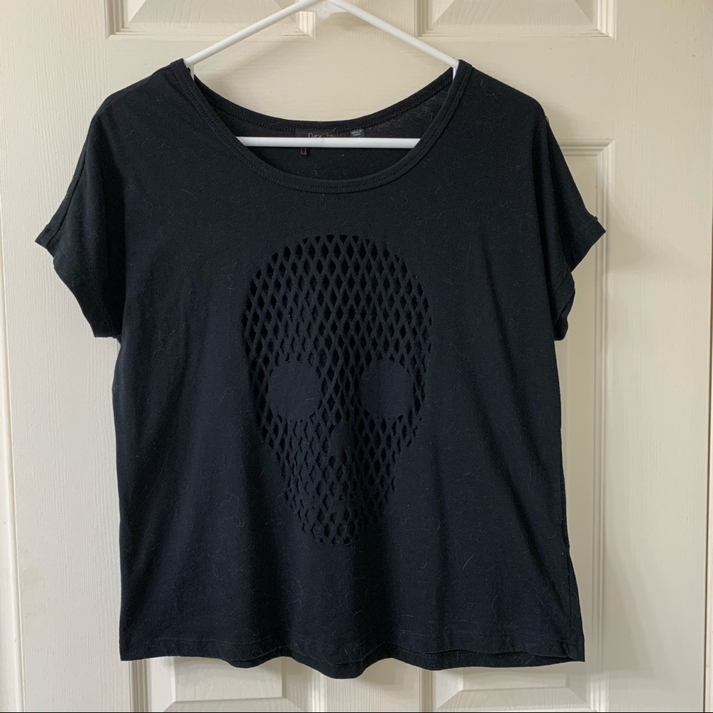🌷3 for $25🌷Dex 1963, US S, Black Cutout Skull Pattern Cap Sleeve Goth Tee Shirt